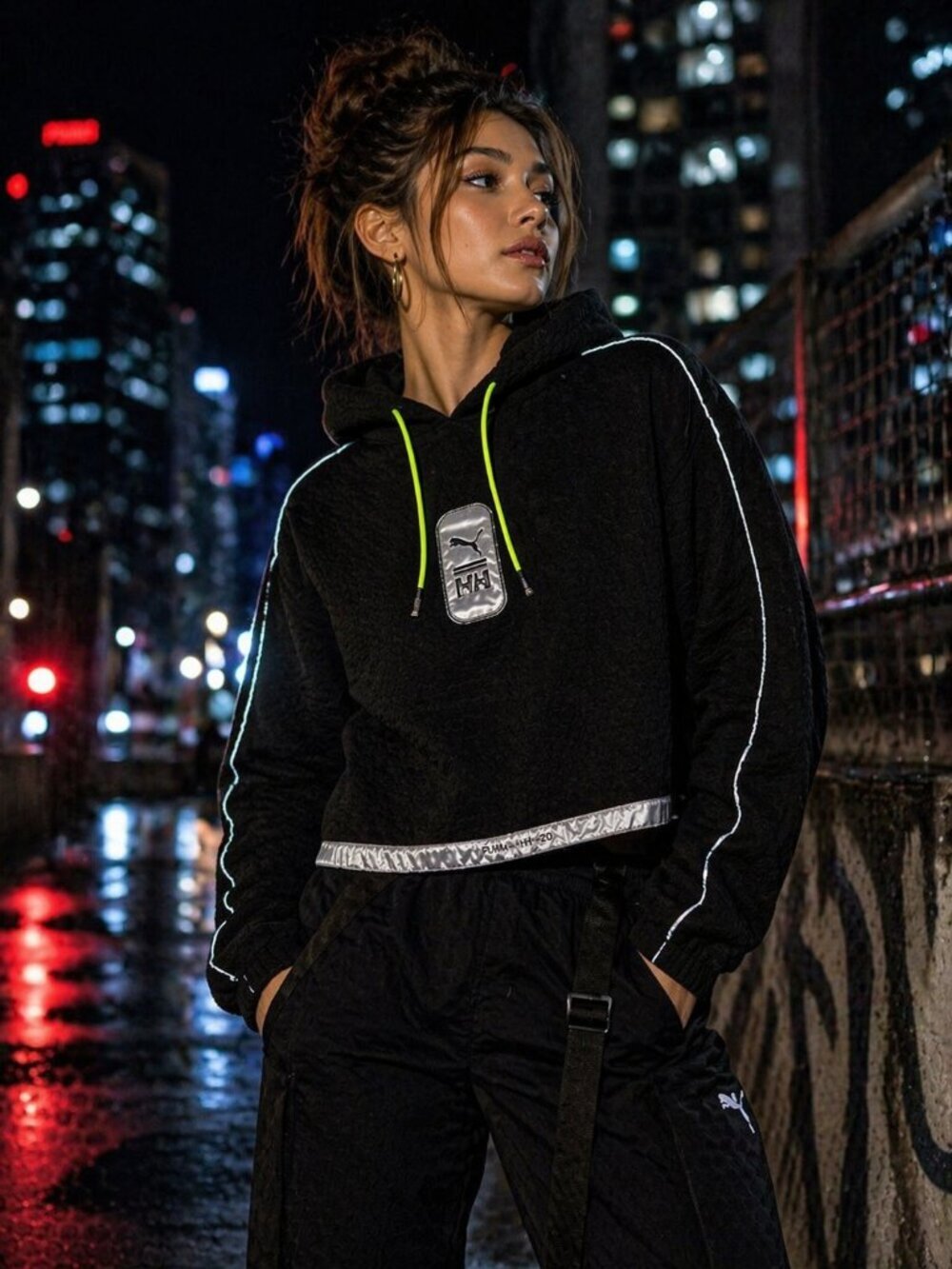 Puma x Helly Hansen Hoodie Women's M Black Cropped Reflective Tech Polar Fleece - Picture 3 of 14